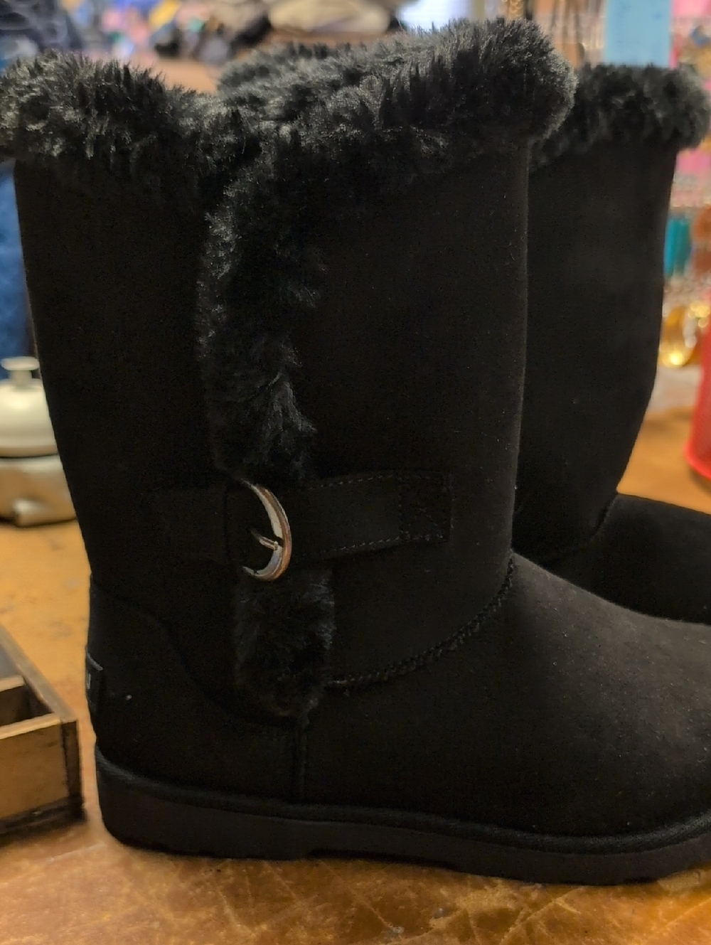 Plush Black Faux Fur Winter Boots with Buckle Detail - Women